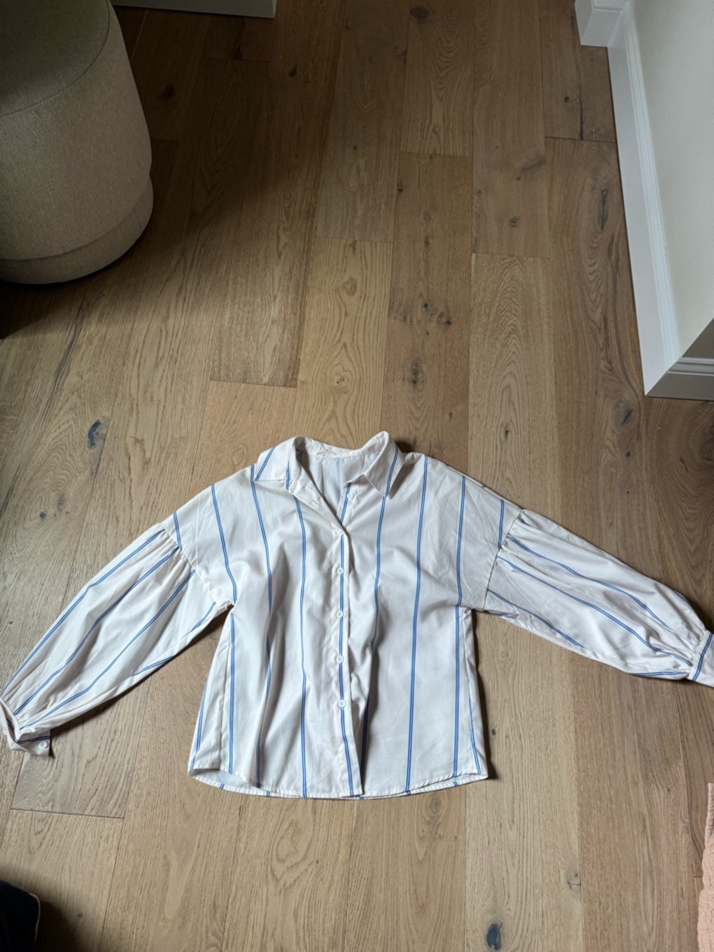 White Button-Up Blouse with Blue Stripes
